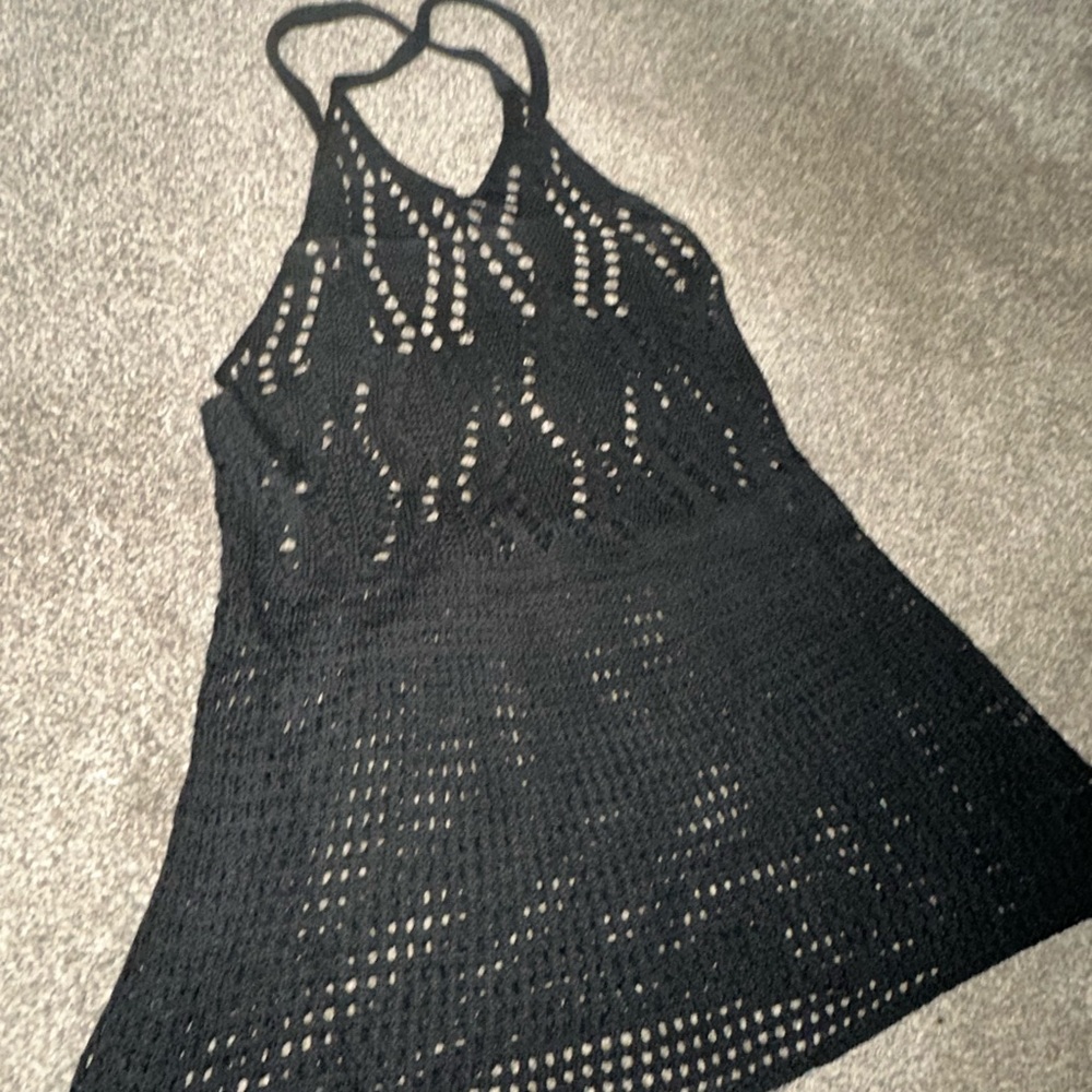 NEW NWT Black Crochet Halter Dress/Swim Cover Up. Medium. Sheer.